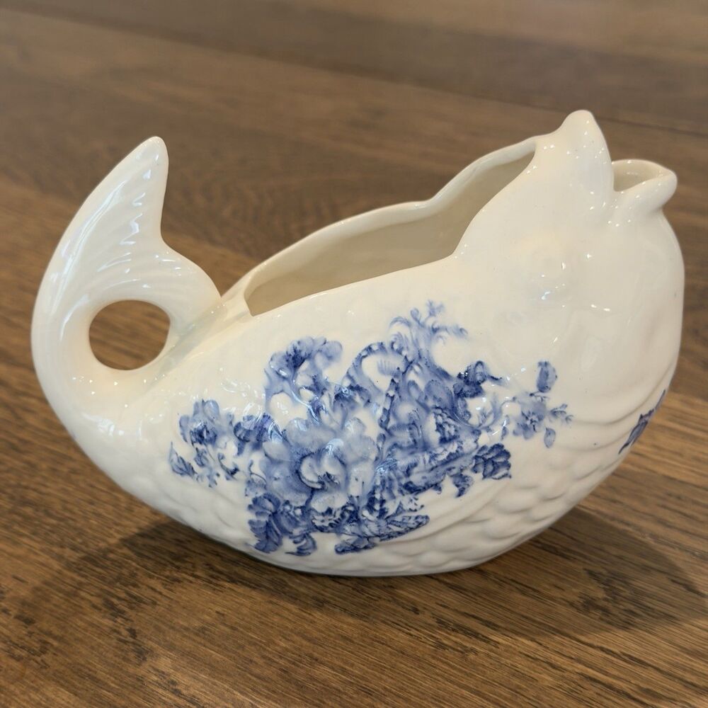 Vtg Royal Crownford Ironstone Charlotte Blue Transferware Fish Creamer England
